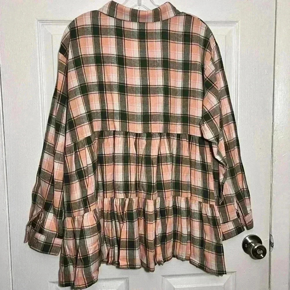 NWOT EASEL Green and Orange Tiered Long Sleeve Flannel Top | size Large - Picture 3 of 9